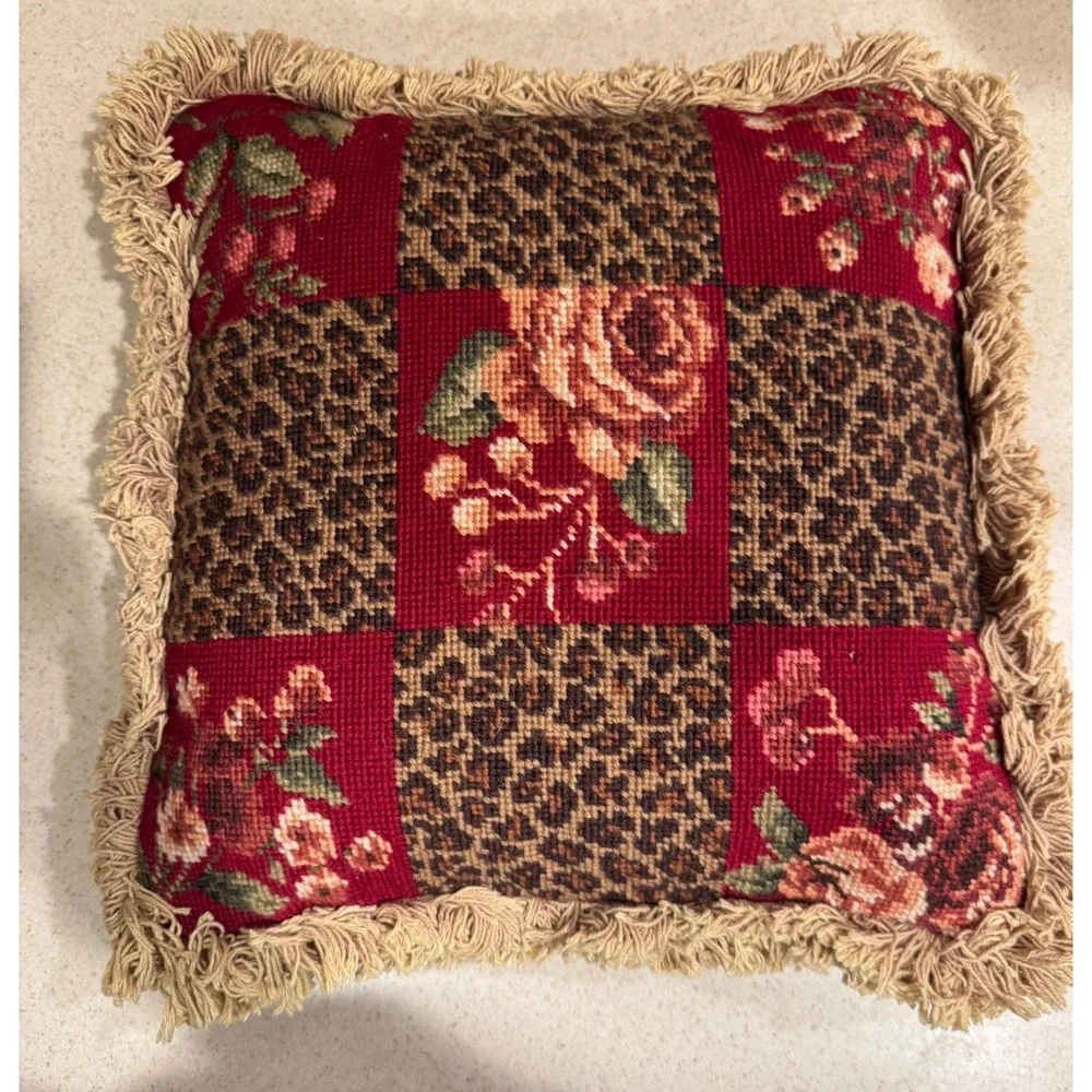 C&F Home Savannah Check Needlepoint Decoration Throw Pillow Leopard Rose